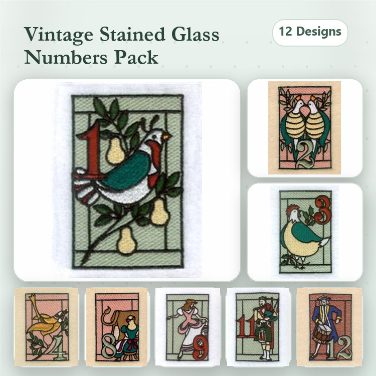 Vintage Stained Glass Numbers Embroidery Designs Bundle – Number 1 with Bird and Pears, Number 2 with Bird, & More (12 Designs)