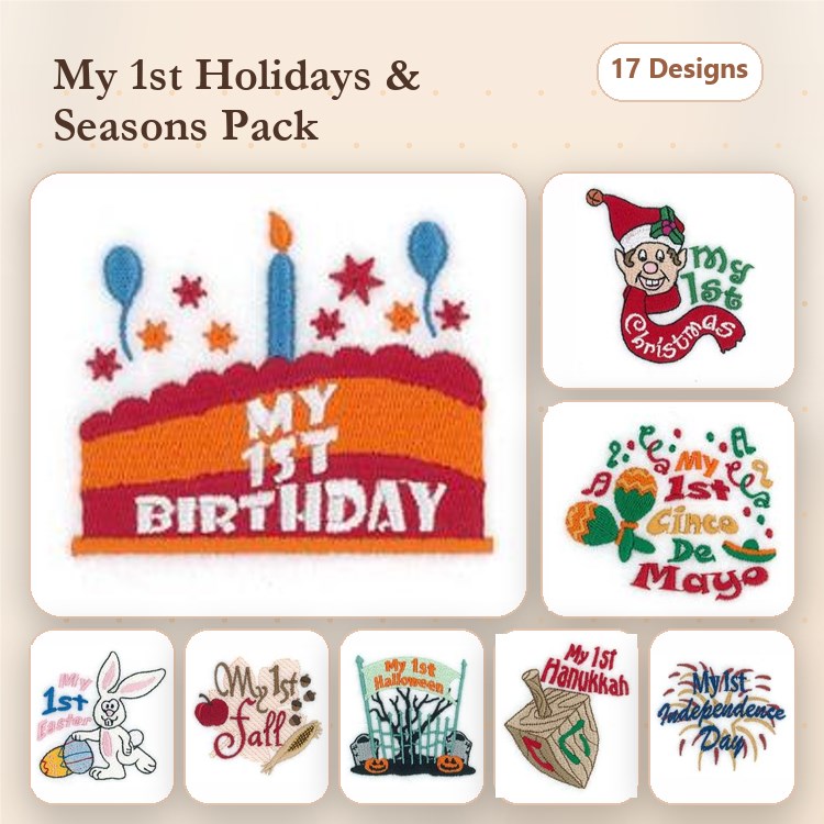 Celebratory Holidays Embroidery Designs Bundle – My 1st Birthday Cake, Christmas, Thanksgiving & More (17 Designs)