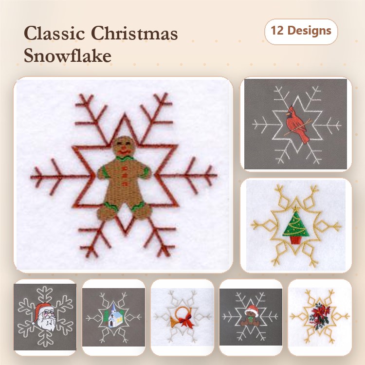 Christmas Snowflakes Embroidery Designs Bundle – Gingerbread, Cardinal, Christmas Tree & More (12 Designs)