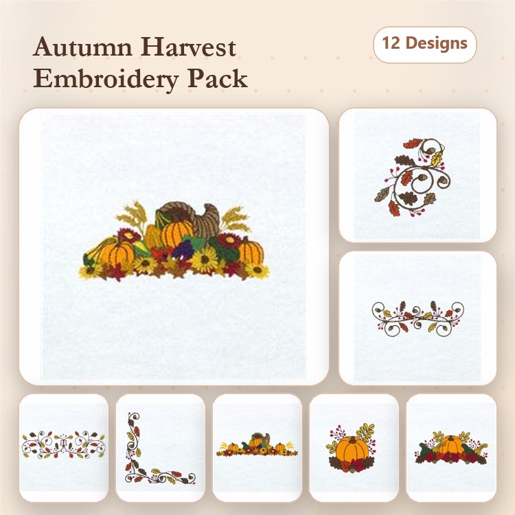 Autumn Harvest Embroidery Designs Bundle – Cornucopia with Pumpkins, Fall Leaves Wreath, Floral Vine & More (12 Designs)