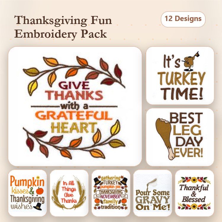 Thanksgiving Text Embroidery Designs Bundle – Give Thanks with a Grateful Heart, It's Turkey Time!, & More (12 Designs)