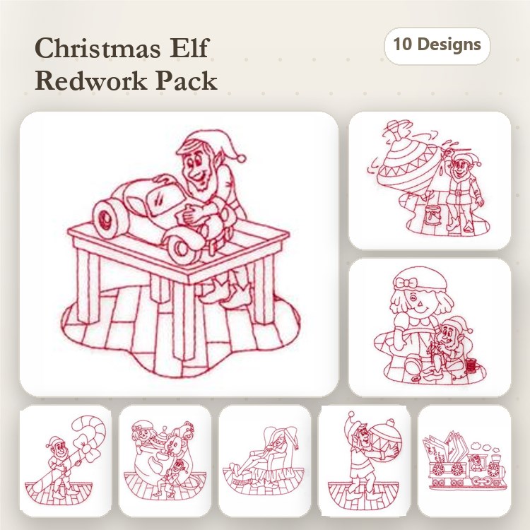 Redwork Christmas Elf Embroidery Bundle – Elf Working on Toy, Elf with Candy, Elf with Christmas Tree & More (10 Designs)