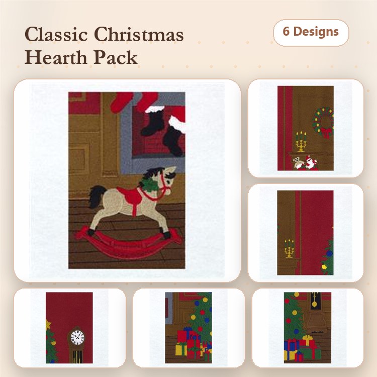 Christmas Hearth Embroidery Designs Bundle – Rocking Horse, Christmas Stocking, Holiday Wreath & More (6 Designs)