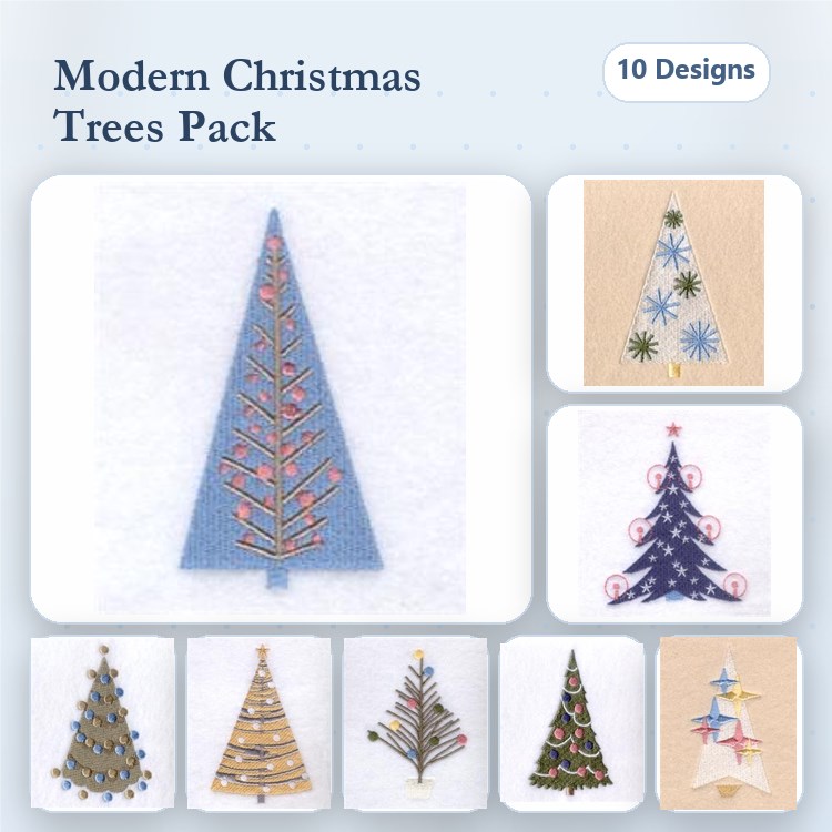 Modern Christmas Trees Embroidery Designs Bundle – Stylized Tree, Blue Holiday Tree, Geometric Gold Tree & More (10 Designs)