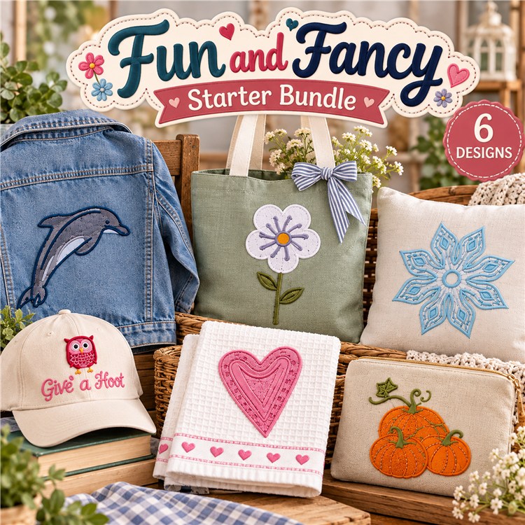 Fun and Fancy Embroidery Bundle – Dolphin, Flower, Snowflake, Owl & More (6 Designs)