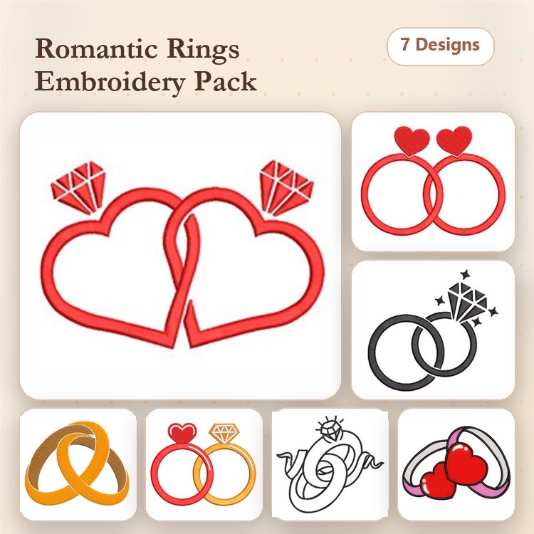Romantic Wedding Rings Embroidery Designs Bundle – Interlocking Hearts, Gold Rings, Infinity Symbol & More (7 Designs)