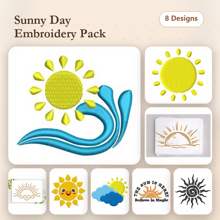 Sunny Day Embroidery Designs Bundle – Sun with Waves, Smiling Sun, Abstract Sun & More (8 Designs)