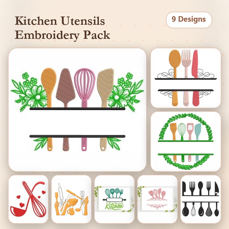 Kitchen Utensils Embroidery Designs Bundle – Spoon with Leaves, Whisk with Flowers, Spatula with Greenery & More (9 Designs)