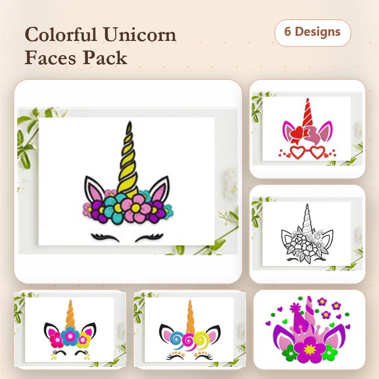 Colorful Unicorn Faces Embroidery Designs Bundle – Unicorn Face with Flowers, Unicorn Face with Hearts, & More (6 Designs)