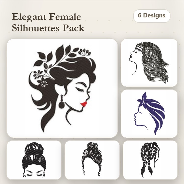 Elegant Female Silhouettes Embroidery Bundle – Floral Silhouette, Side Profile, Long Hair & More (6 Designs)