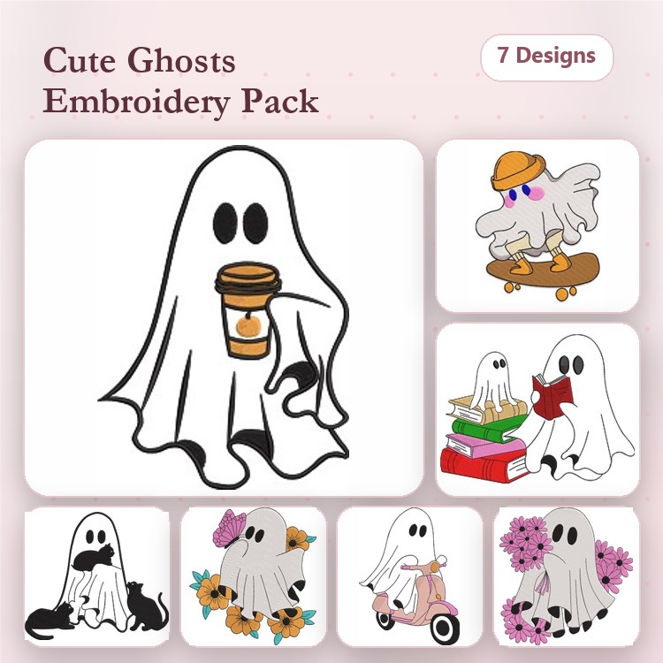 Cute Ghosts Embroidery Designs Bundle – Ghost with Coffee, Skateboarding Ghost, Ghost with Books & More (7 Designs)