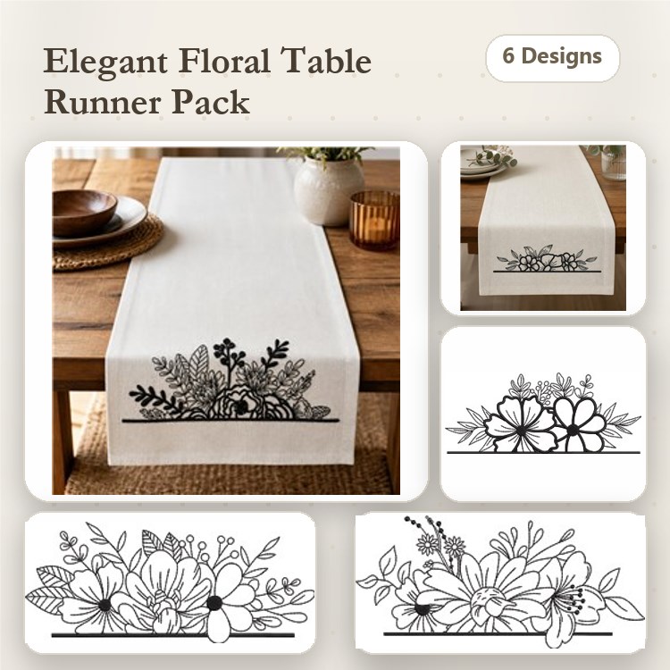 Redwork Floral Table Runner Embroidery Designs Bundle – Leaves, Flowers, Roses & More (6 Designs)