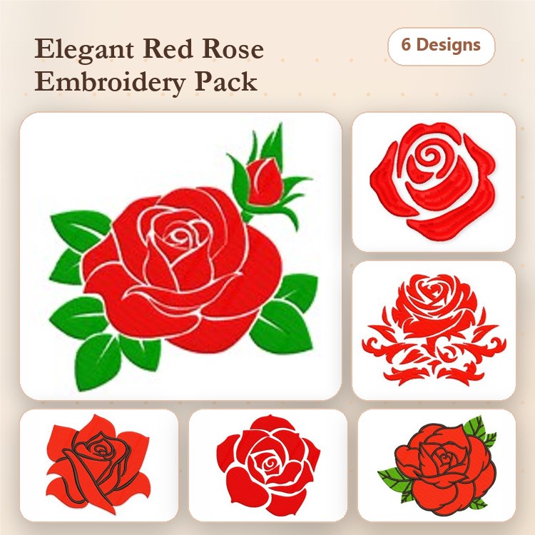 Redwork Red Roses Embroidery Designs Bundle – Single Rose, Rose Bud, Red Rose Swirl & More (6 Designs)