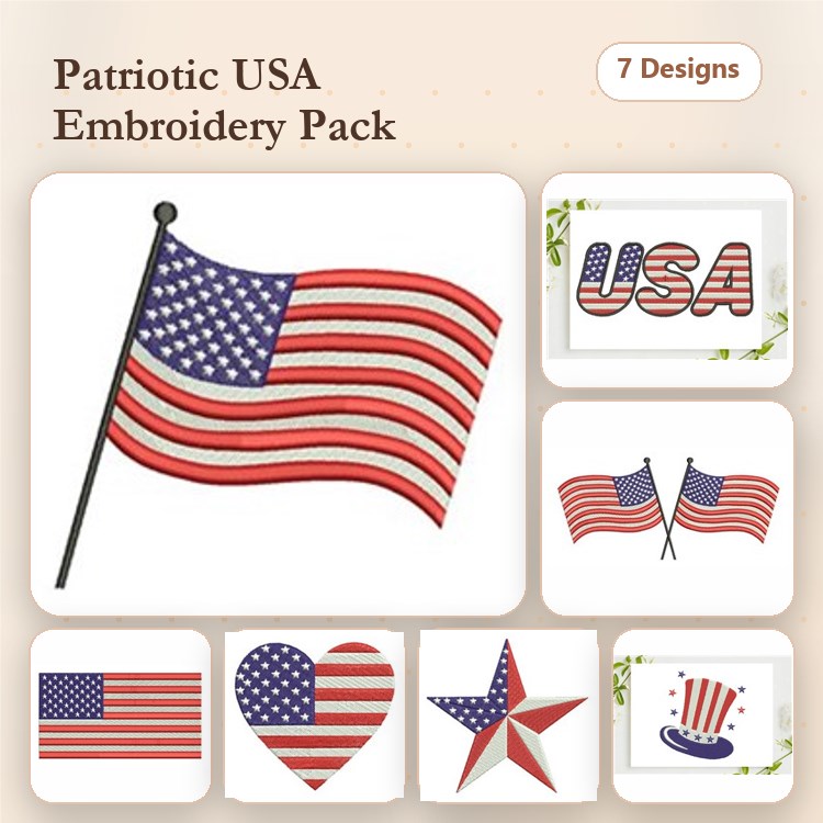 Patriotic USA Embroidery Designs Bundle – American Flag, USA Text, Heart with Stars & Stripes & More (7 Designs)