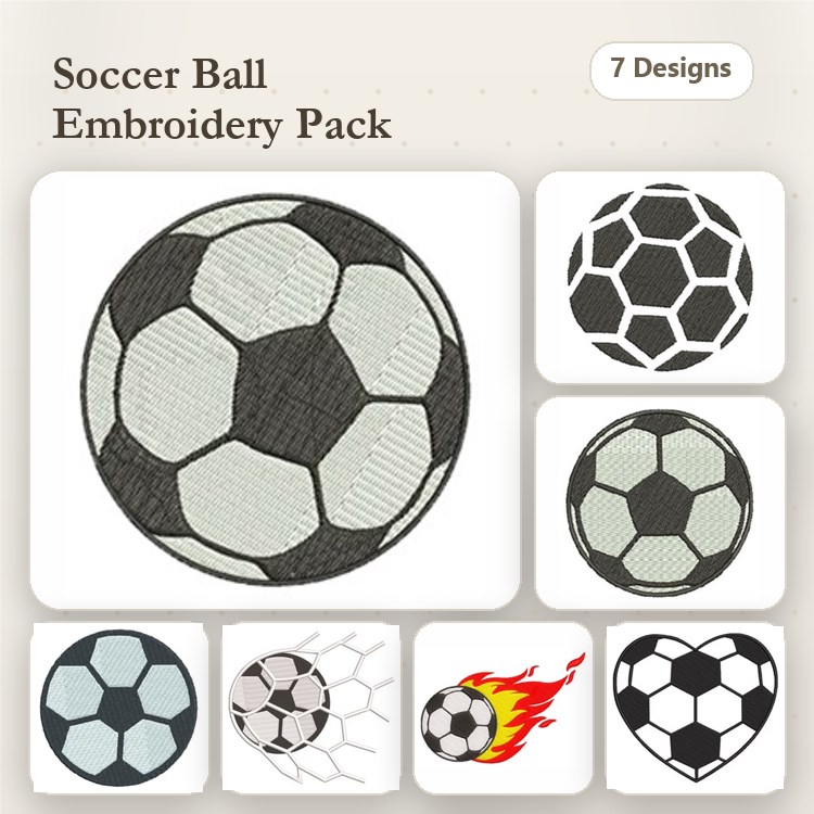 Soccer Ball Embroidery Designs Bundle – Black & White, Flames, Heart & More (7 Designs)