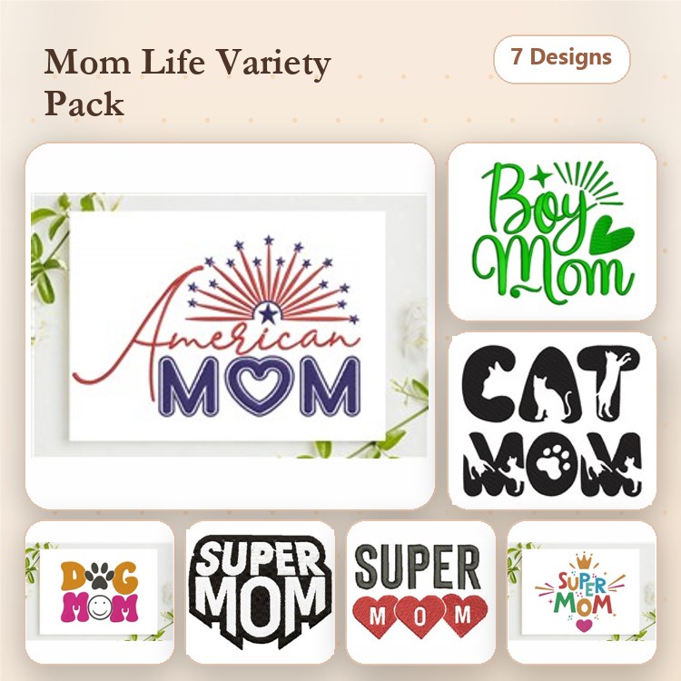 Mom-Themed Embroidery Bundle – American, Boy, Cat, and Super Mom Designs (7 Designs)