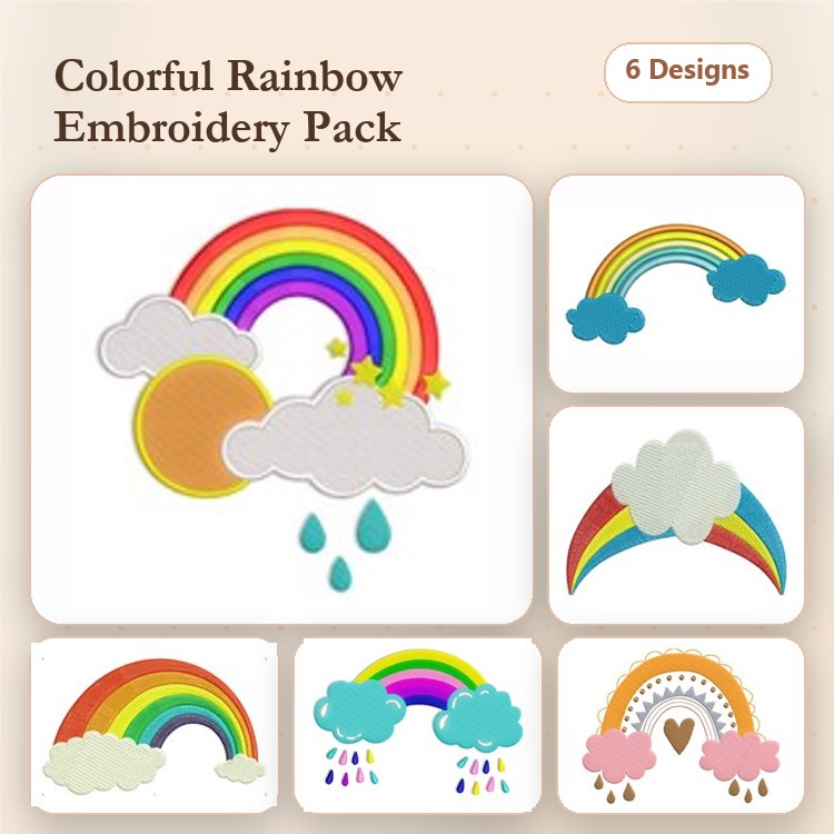 Rainbow & Cloud Embroidery Designs Bundle – Rainbow with Clouds, Rainbow with Hearts, & More (6 Designs)