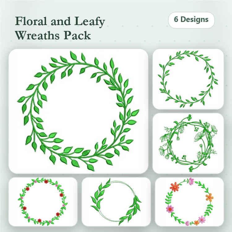 Floral and Leafy Wreaths Embroidery Designs Bundle – Leafy Circular Wreath, Floral Wreath with Flowers, & More (6 Designs)
