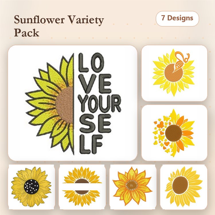 Sunflower Embroidery Designs Bundle – Love Yourself Self with Sunflower, Single Sunflower with Face & More (7 Designs)