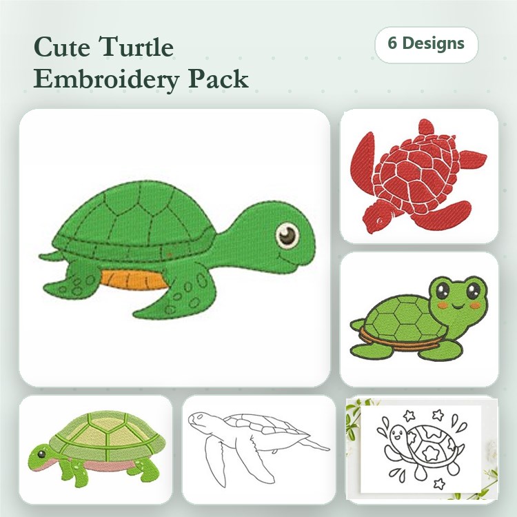 Cute Turtle Embroidery Bundle – Green Turtle, Red Sea Turtle, Cute Frog Turtle & More (6 Designs)