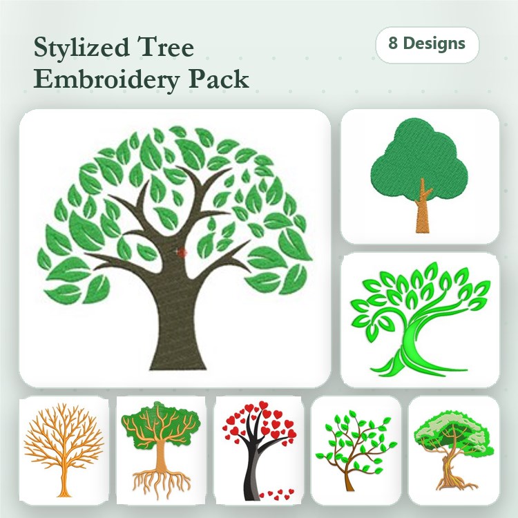 Stylized Tree Embroidery Designs Bundle – Full Green Tree, Leafy Tree, Autumn Tree with Red Leaves & More (8 Designs)