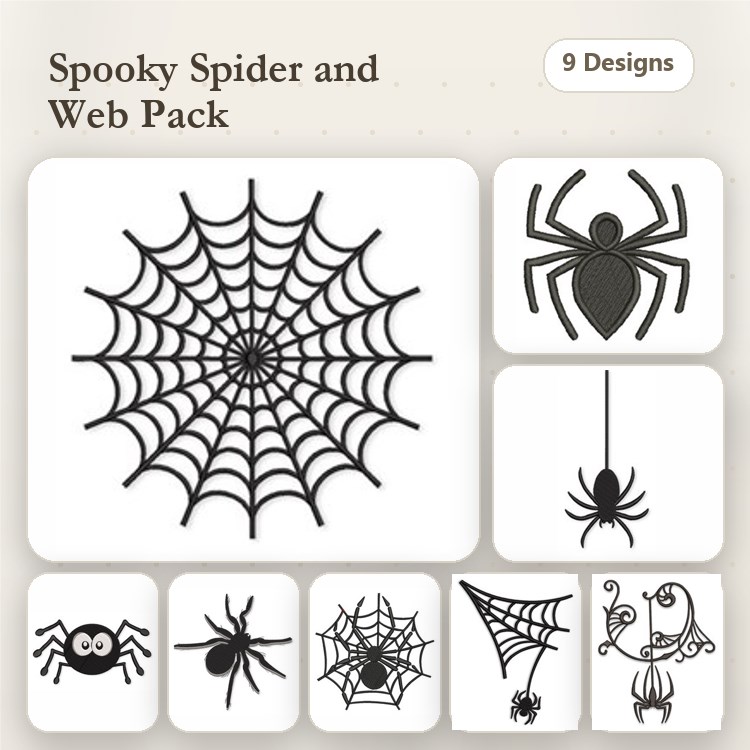 Spiders & Webs Embroidery Designs Bundle – Creepy Spider, Elegant Spider Web, Hanging Spider & More (9 Designs)