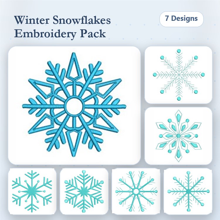 Winter Snowflakes Embroidery Designs Bundle – Large Snowflake, Decorative Snowflake, Simple Snowflake & More (7 Designs)