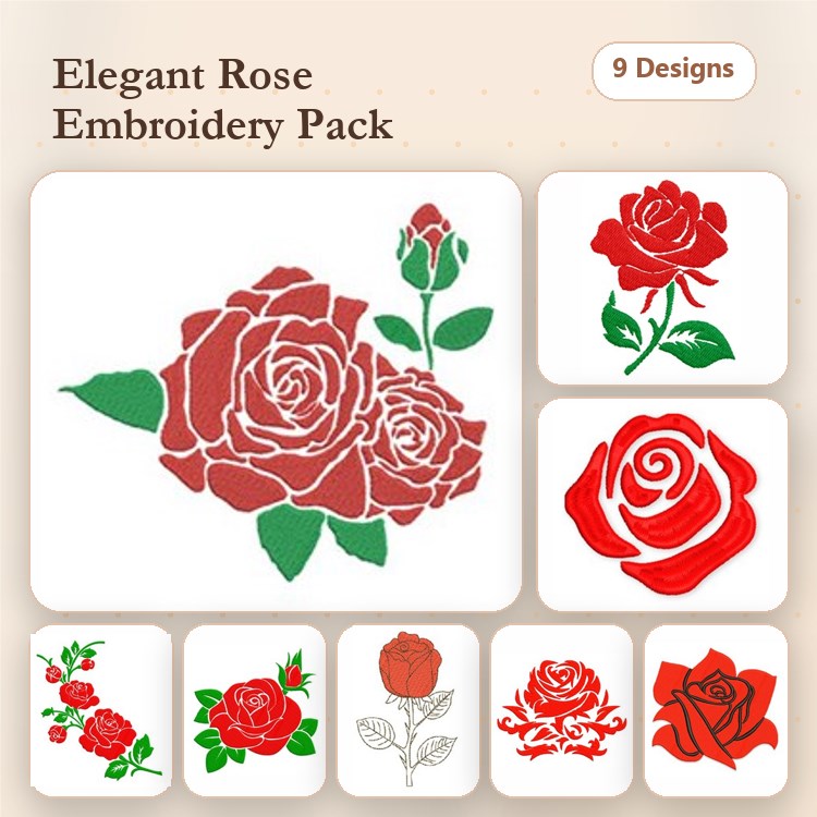 Redwork Elegant Rose Embroidery Designs Bundle – Large Red Rose, Red Rose Bouquet, Detailed Red Rose & More (9 Designs)