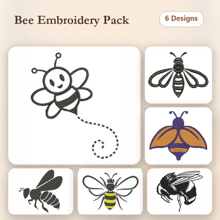 Bee-themed Embroidery Designs Bundle – Smiling Bee, Side View Bee, Bee with Wings & More (6 Designs)