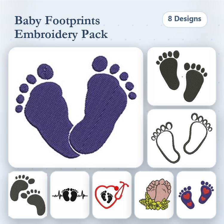 Baby Footprints Embroidery Designs Bundle – Footprint with Heart, Footprints in Purple, Footprints with Flowers & More (8 Designs)