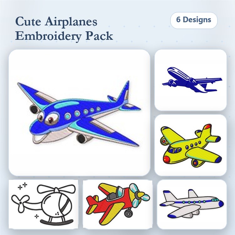 Cute Airplanes Embroidery Designs Bundle – Cartoon Airplane with Eyes, Blue Airplane, Helicopter & More (6 Designs)