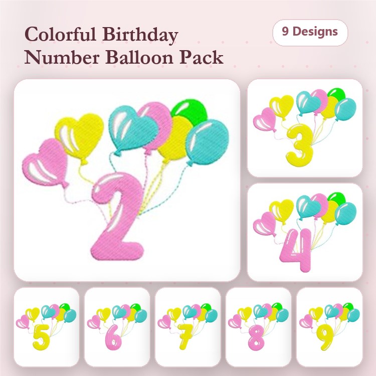 Colorful Birthday Numbers with Balloons Embroidery Designs Bundle – Number 2, Number 3, Number 4 & More (9 Designs)