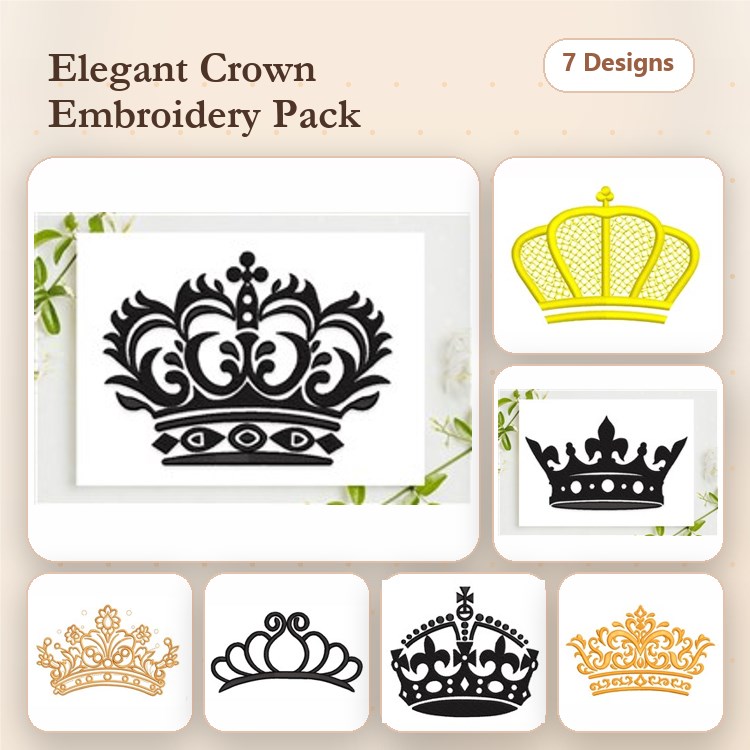 Elegant Crown Embroidery Designs Bundle – Intricate Black Crown, Golden Crown with Jewels, & More (7 Designs)