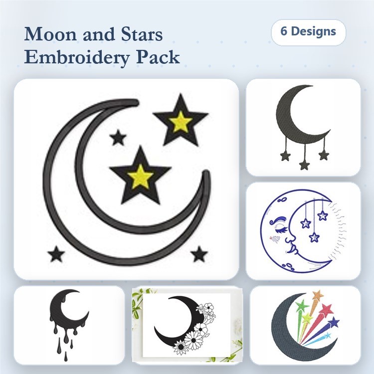 Moon and Stars Embroidery Designs Bundle – Crescent Moon with Stars, Hanging Moon, Floral Moon & More (6 Designs)