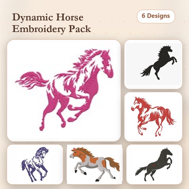 Dynamic Horses Embroidery Designs Bundle – Leaping Horse, Running Horse, Galloping Horse & More (6 Designs)