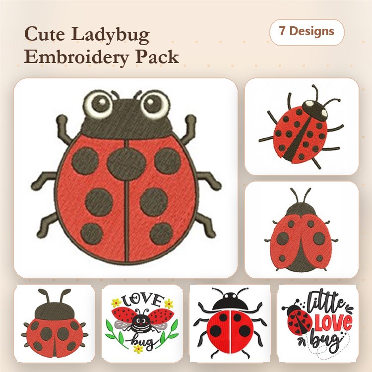 Cute Ladybug Embroidery Bundle – Ladybug with Spots, Little Love Bug, Happy Ladybug & More (7 Designs)
