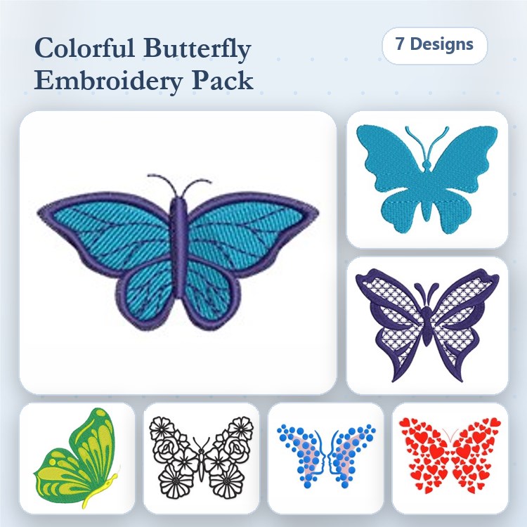 Colorful Butterfly Embroidery Designs Bundle – Blue, Green, Black and White & More (7 Designs)