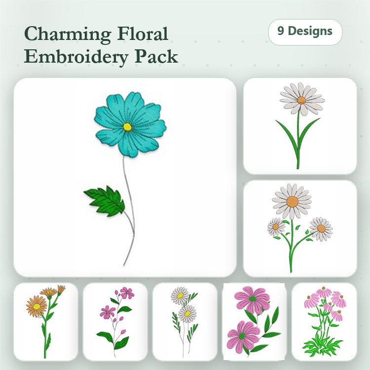 Floral Embroidery Bundle – Blue Flower, White Daisy, Yellow Daisy & More (9 Designs)