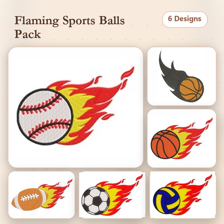 Flaming Sports Balls Embroidery Designs Bundle – Baseball, Basketball, Football, Soccer Ball & More (6 Designs)