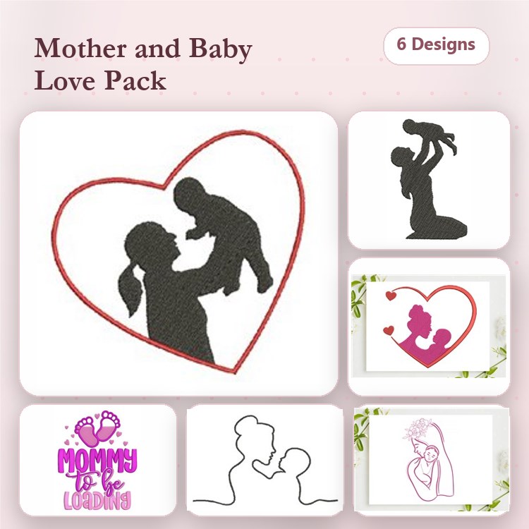Mother & Baby Silhouettes Embroidery Designs Bundle – Mother Silhouette with Heart, Mommy Loading, Heart with Mother and Child & More (6 Designs)