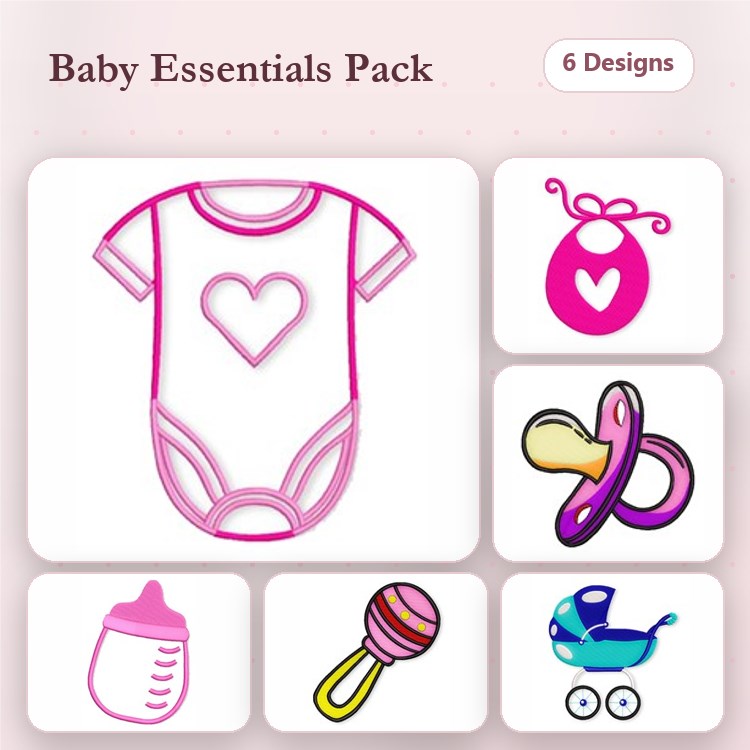 Baby Essentials Embroidery Bundle – Baby Onesie with Heart, Easter Egg, Pacifier & More (6 Designs)