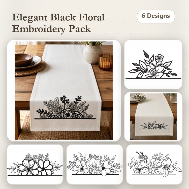 Redwork Elegant Floral Embroidery Designs Bundle – Floral Border with Leaves, Flower Arrangement, Single Bloom & More (6 Designs)