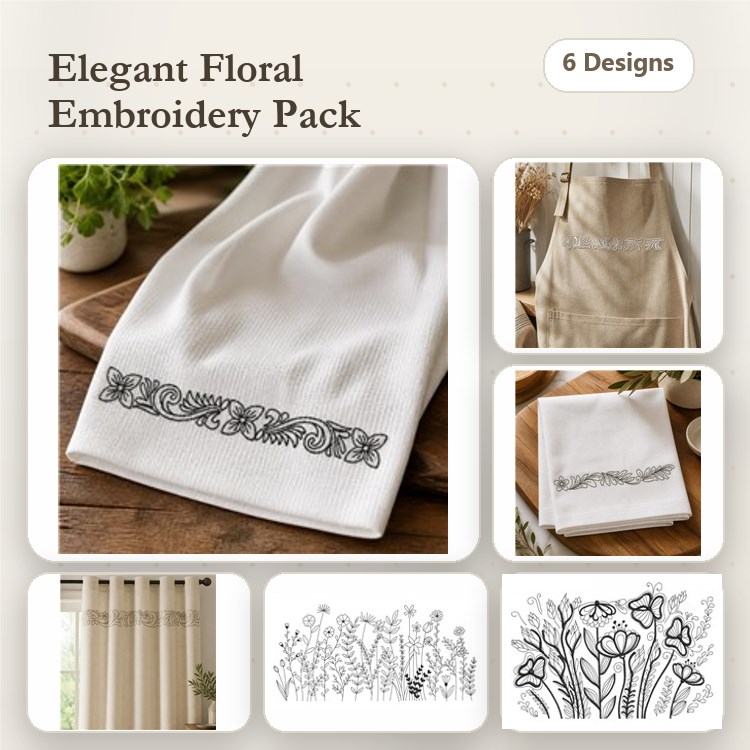Redwork Elegant Floral Embroidery Designs Bundle – Floral Border 1, Tulip Outline, Leafy Vine & More (6 Designs)