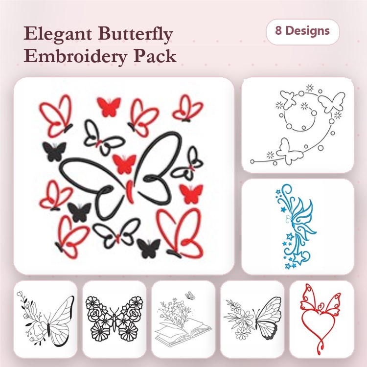 Redwork Butterflies & Hearts Embroidery Designs Bundle – Butterfly with Hearts, Floral Butterfly, Swirling Butterfly & More (8 Designs)