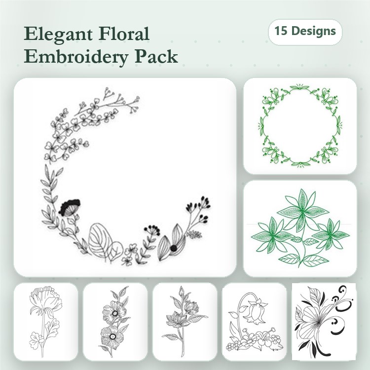 Floral Embroidery Designs Bundle – Floral Wreath, Flower Arrangement & More (15 Designs)