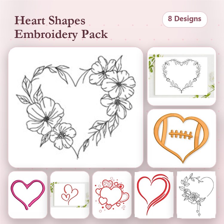 Heart Embroidery Designs Bundle – Floral Heart with Vines, Simple Heart Outline, Decorative Heart Shape & More (8 Designs)