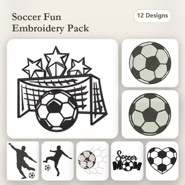 Soccer Themed Embroidery Designs Bundle – Soccer Goal, Soccer Ball, Soccer Mom Text & More (12 Designs)