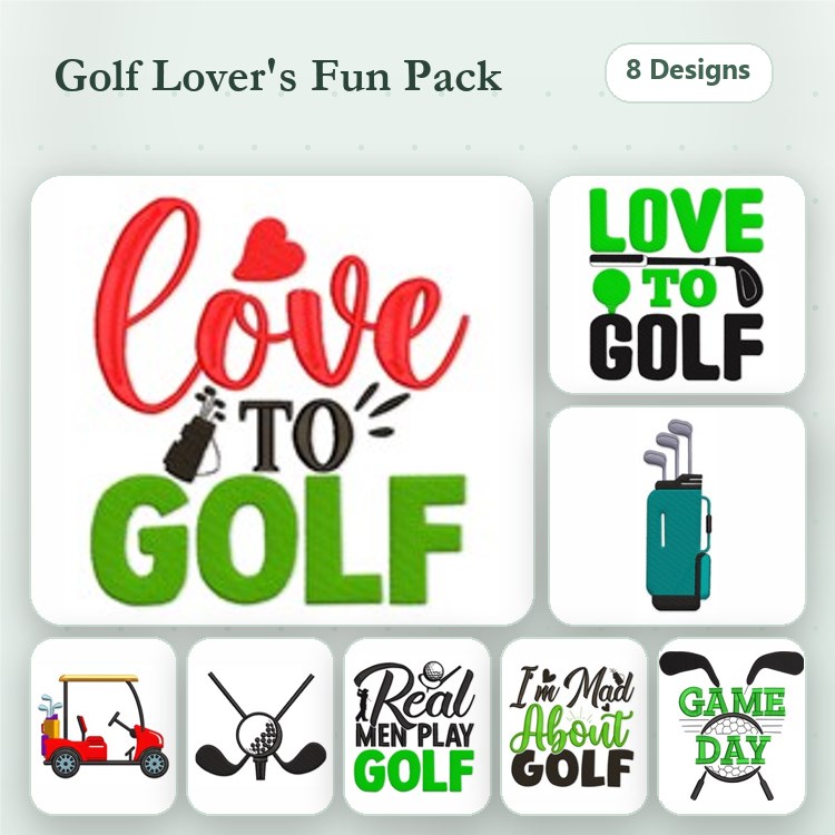 Golf-themed Embroidery Designs Bundle – Love to Golf, Golf Cart, Real Men Play Golf & More (8 Designs)