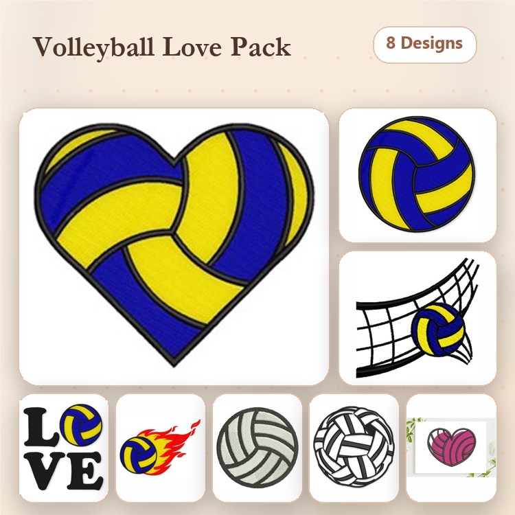 Volleyball Themed Embroidery Designs Bundle – Volleyball Heart, LOVE with Fire, Volleyball with Net & More (8 Designs)
