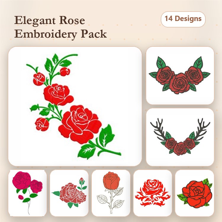 Elegant Roses Embroidery Designs Bundle – Single Red Rose with Buds, Rose Bouquet, Roses with Antlers & More (14 Designs)